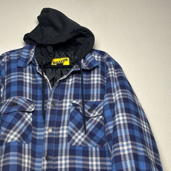 Brazos Work Force Jacket Hooded Button Up Men XL Blue Plaid Puff Insulated Heavy - Picture 6 of 14